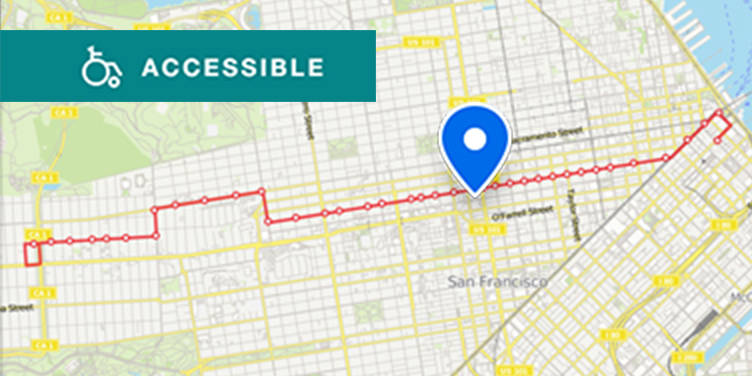 Map of Muni transit near U C S F Daniel Burnham Court, located on the 2 Sutter and Clement route running from downtown to the Richmond District, with the closest stop at Post Street and Van Ness Avenue or Sutter Street and Van Ness Avenue. 