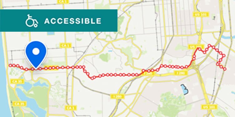 Map of Muni transit near U C S F Lakeshore campus, located closest to the Sloat Boulevard and Clearfield Drive or Sloat Boulevard and 34th Avenue stop on the 23 Monterey route, which runs from the San Francisco Zoo to Bayview.