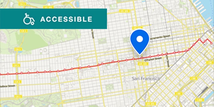 Map of Muni transit near U C S F Daniel Burnham Court, located on the 38 Geary route running from downtown to the Richmond District, with the closest stop at Geary Boulevard and Van Ness Avenue or O’Farrell Street and Van Ness Avenue.