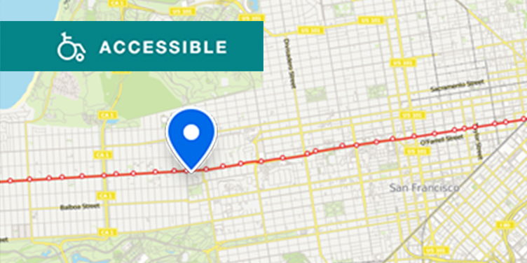 Map of Muni transit near the Geary Boulevard location of U C S F, which is closest to the Geary Boulevard and Arguello Boulevard stop on the 38 Geary route, which runs from downtown to the Richmond District.