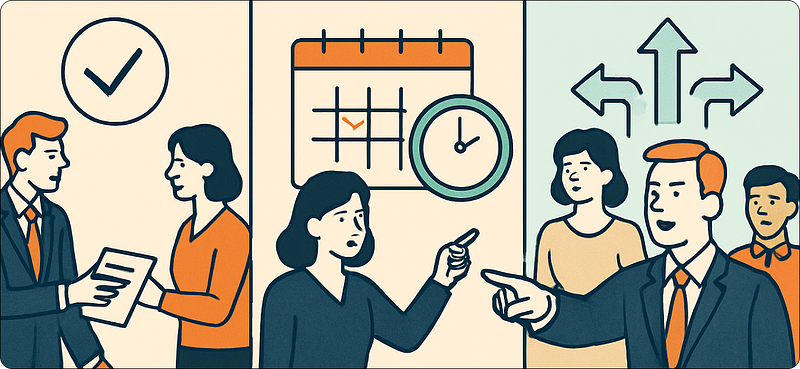 A manager at a whiteboard delegating a project to a team member.